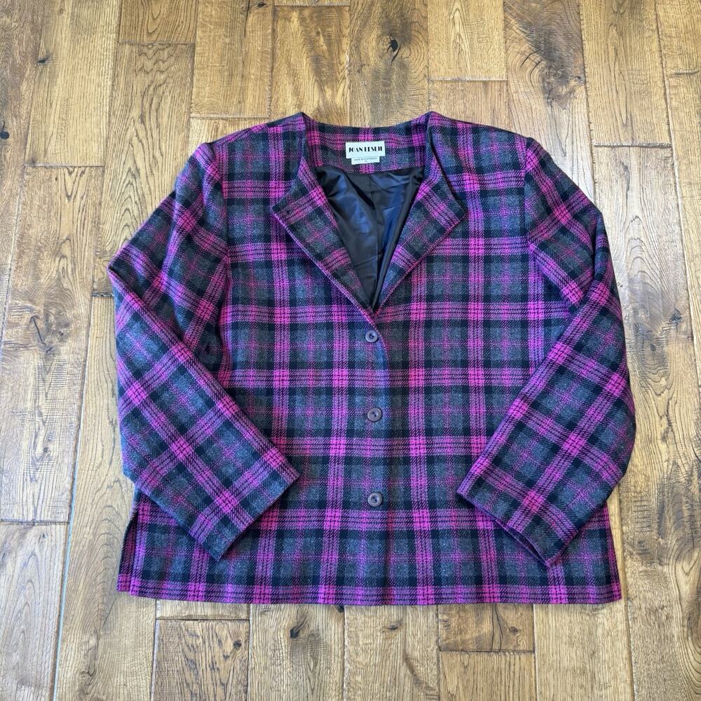 VTG 2 PC Joan Leslie Wool Blend Blazer & Sweater Sz 16/XL Fucia Plaid 90s - Picture 2 of 13